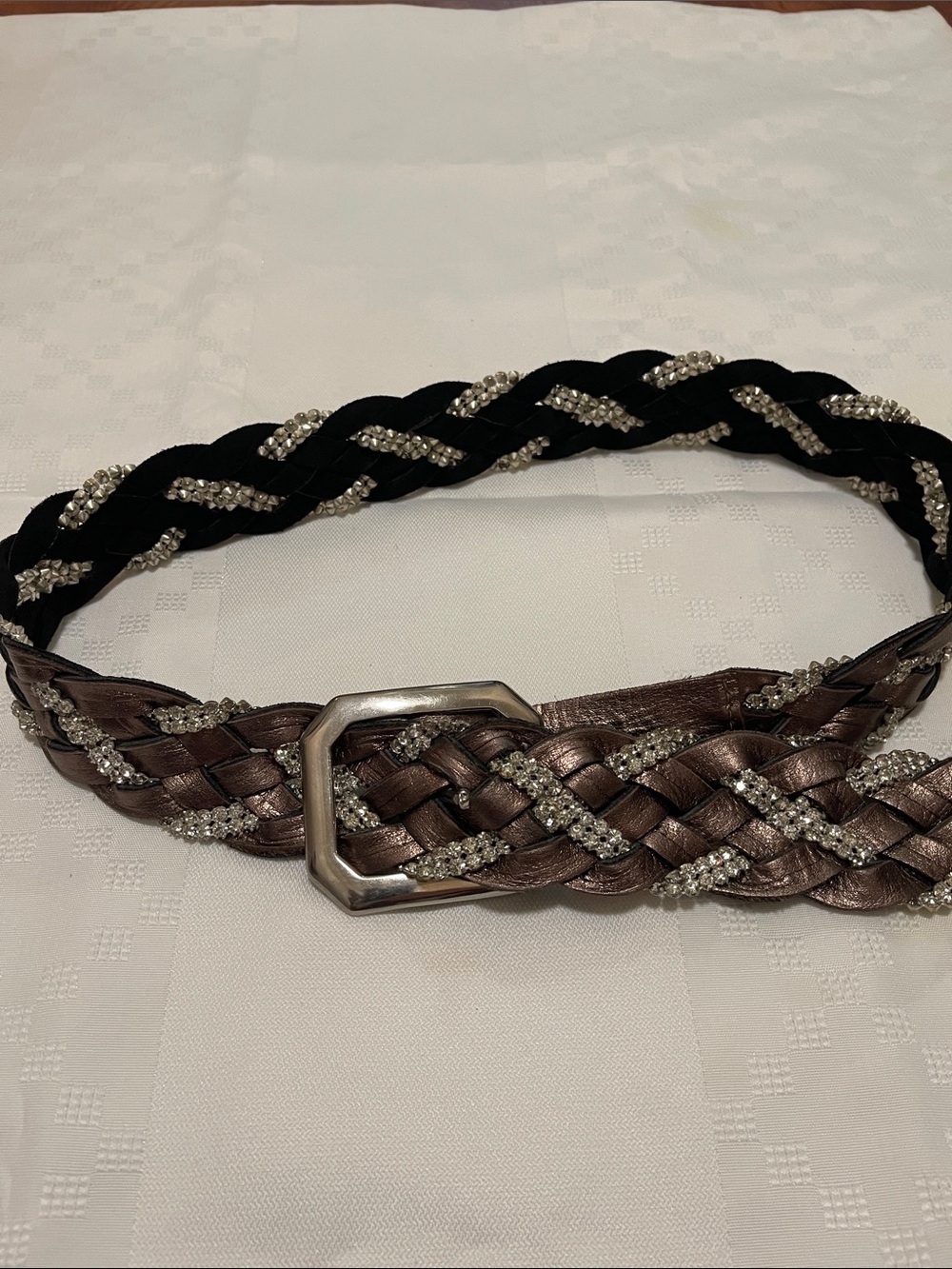 Melamed Woven Braided Metallic Brown Belt with Crystal Accents